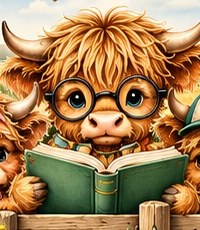 Highland cow wearing glasses, reading a book