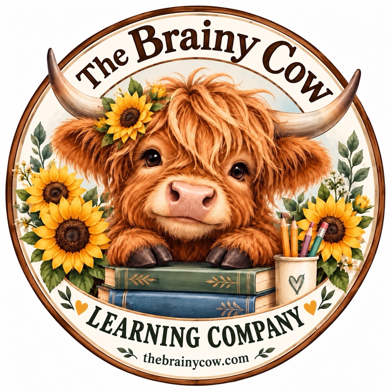 The Brainy Cow Learning Company logo — a Highland cow with a sunflower, books, and pencils